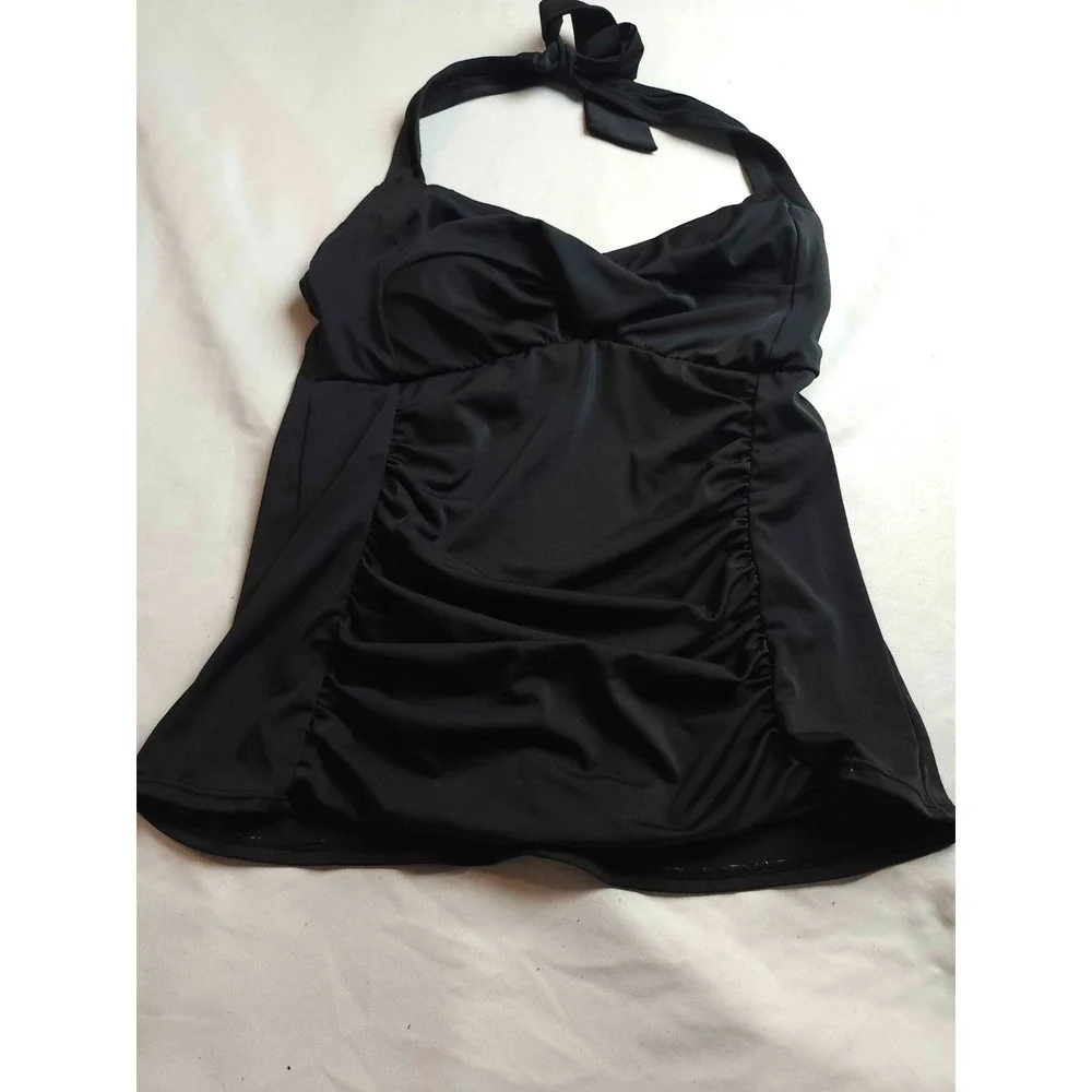 Tankini Swim Top S/M Black Halter Ruched Front Tie Neck‎ Summer Vacation Beachy